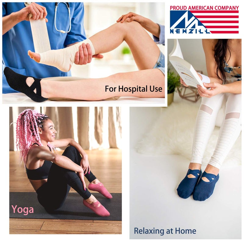 NEWZILL Yoga Socks for Women Non-Slip Grips & Straps, Ideal for Pilates, Pure Barre, Ballet, Dance, Barefoot Workout (3 Pairs-Red/Blue/Brown) - Image 2